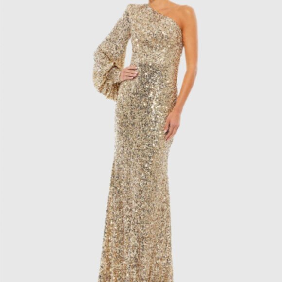 MAC DUGGAL 26717 GOLD SEQUINED ONE SHOULDER BISHOP SLEEVE TRUMPET GOWN sz 10 - Picture 3 of 7